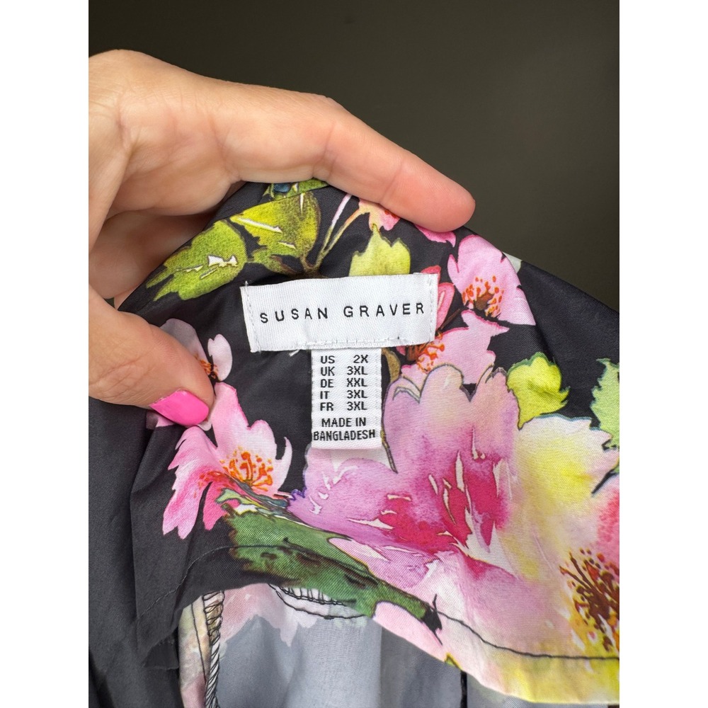 Susan Graver Womens 2X Floral Windbreaker Jacket Black Pink Hooded Full Zip Coat - Picture 2 of 4